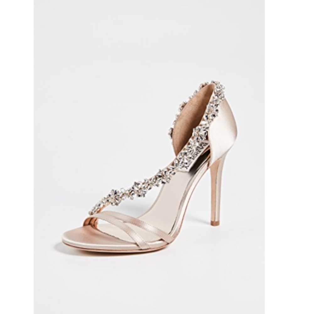 Badgley Mischka Rose Blush Satin Crystal-Strap Stilettos - Picture 2 of 8